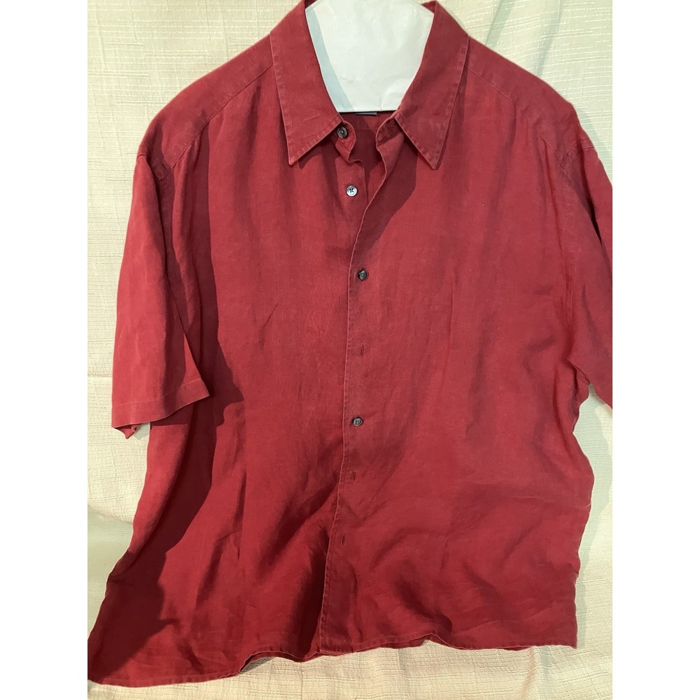 Eddie Bauer Shirt Mens Large Burgundy 100% Linen Short Sleeve Button Up Pockets